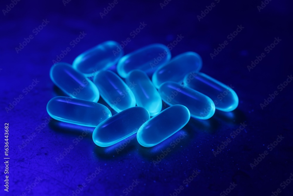 Poster fluorescent capsules glowing under uv light on a dark surface create an eye-catching display in a sc