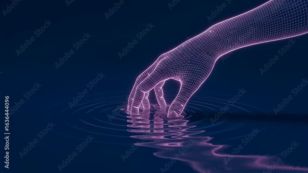 Poster artificial intelligence hand touching water surface creating ripples. digital world simulation, virt