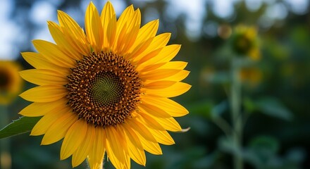 Obraz premium A single magnificent sunflower stands out in a field, its bright yellow petals catching the golden hour light, symbolizing summer and nature's beauty
