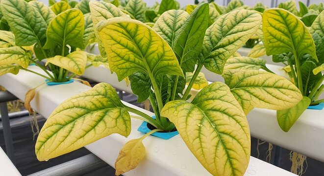 Spinach with yellow leaves showing signs of nutrient deficiency in a hydroponic system
