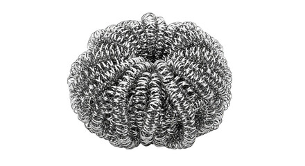 Intricate circular form comprised of numerous, reflective, coiled metal strands on a black backdrop