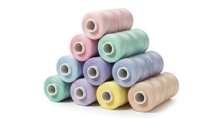 Stacked spools of thread in pastel colors on a solid white background
