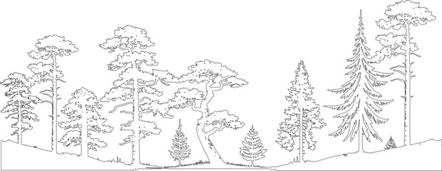 Fototapeta premium Minimal style cad tree line drawing, Side view, Architectural Drawings, wetland forest outline for landscape design. Vector illustration