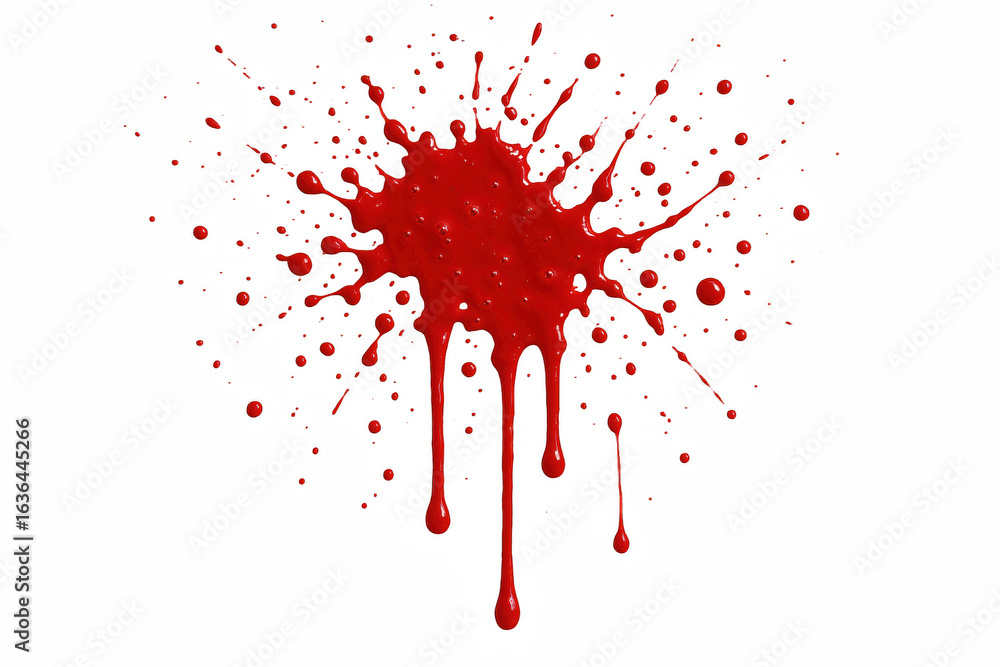 Poster vibrant red liquid splatter with dripping effect and numerous small droplets against a stark black c