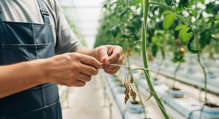 Farmer's hands carefully tying up a tomato plant vine in a large modern greenhouse.