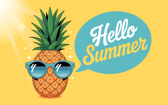 Hello Summer with a Stylish Pineapple Wearing Sunglasses against a Sunny Yellow Background perfect for seasonal promotions and tropical themes