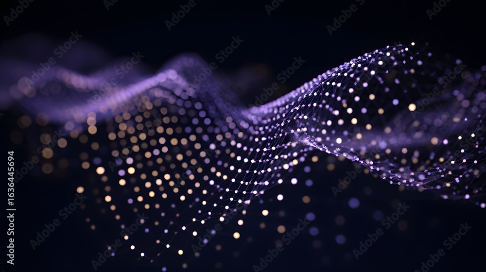 Poster abstract digital graphic with flowing network of dots.