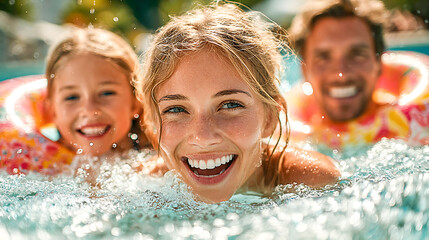 Happy family enjoying summer vacation in swimming pool