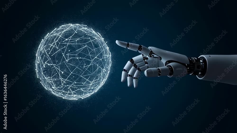 Poster robotic hand reaching for a glowing wired sphere. artificial intelligence and global network connect