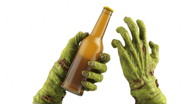 green zombie hands holding a bottle of beer, isolated on a white background, png, transparent
