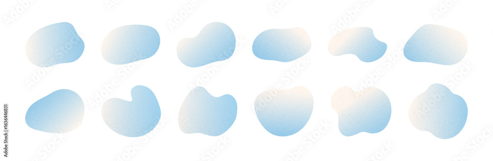 Poster collection of blue gradient amoeba blobs. pastel iirregular liquid shapes with soft noise texture. f