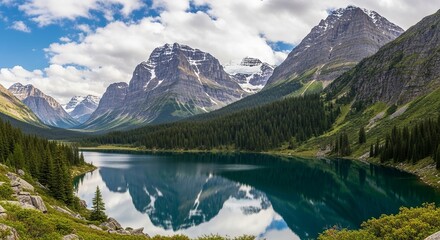 Fototapeta premium A breathtaking view of a serene turquoise alpine lake reflecting the majestic, rugged mountains and a beautiful cloudy sky in a vast wilderness valley