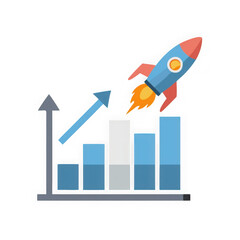 Rocket launching upwards from a bar graph indicating business growth and success isolated on transparent background