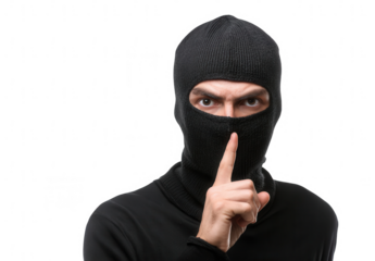 A serious thief in a black balaclava with a shushing finger on their lips, png, transparent