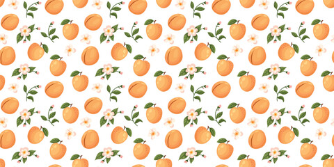 Peach Pattern with Blossom and Green Leaves on White Background