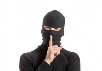 A serious thief in a black balaclava with a shushing finger on their lips, png, transparent