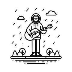 Man with guitar in the rain outdoors performing music with clouds and nature sketch illustration