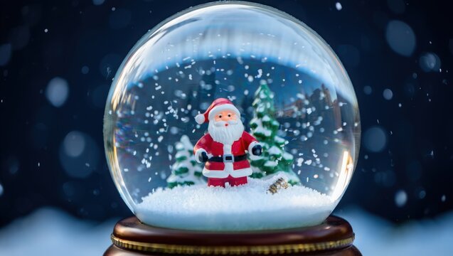A santa claus figurine inside a snow globe with christmas trees and falling snow on a wooden base