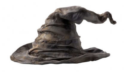 An old, tattered magic hat, set against a white background, png, transparent