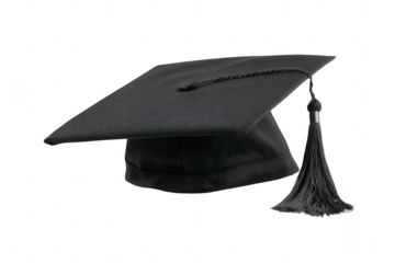 Black graduation cap with tassel on a white background, png, transparent