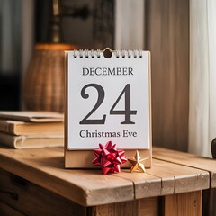 Wooden table with calendar saying "December 24 - Christmas Eve" on blurred background with books and lamp.