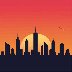 Obraz premium Minimalist Vector City Skyline at Sunset with a Large Sun