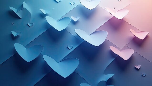Layered paper hearts in shades of blue and pink.