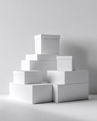 Clean studio scene with stacked plain white boxes on a seamless light background, minimalist mockup