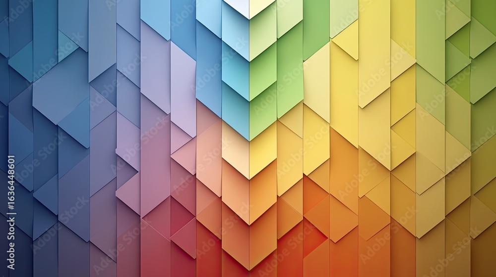 Poster a vibrant arrangement of triangular paper shapes forms a colorful gradient from blue to red, showcas