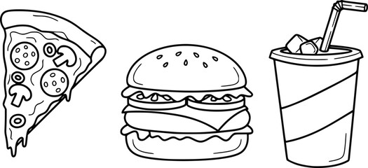 Doodle fast food icons featuring pizza, burgers, and soda
