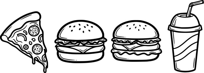 Doodle fast food icons featuring pizza, burgers, and soda