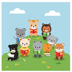 Obraz premium Cute Cartoon Animals Reading Books on a Green Hill