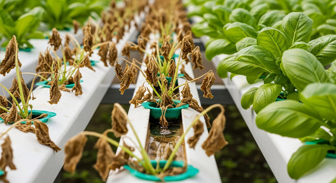 Failed hydroponic crops with dead and withered plants next to a row of healthy lettuce