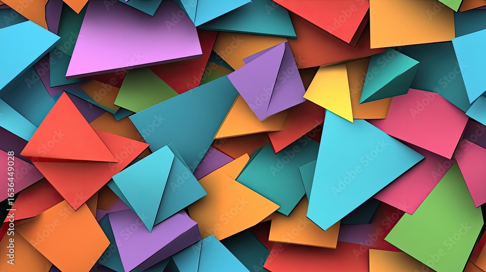 Poster brightly colored geometric shapes overlap, creating an abstract design filled with vibrant hues and 