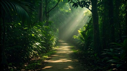 Sunlight filtering through dense forest onto a dirt path, inviting nature walks, forest adventures, serene landscapes, outdoor exploration content.