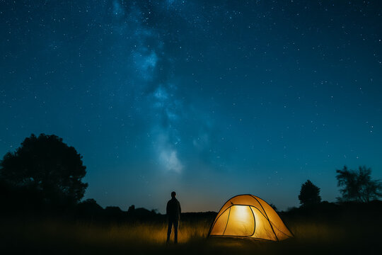 Night camping under a starry sky with glowing tent