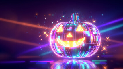 Obraz premium futuristic disco halloween pumpkin, glowing neon jack o lantern with mirror ball texture, vibrant party scene with colorful lights and reflections
