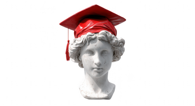 Marble statue of a female head wearing a red graduation cap, png, transparent