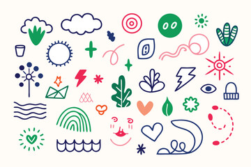 Hand drawn abstract doodles with nature elements symbols in blue pink green Cute sketch