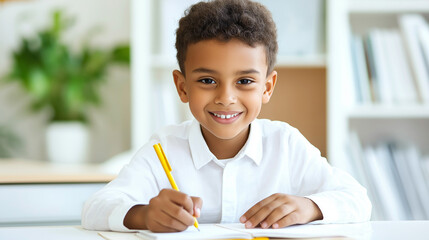 African American school boy smiling while writing with pencil at desk