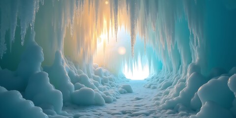 Serene Ice Tunnel Illuminated by Sun ray