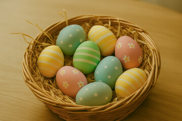 Colorful easter eggs arranged in festive wicker basket