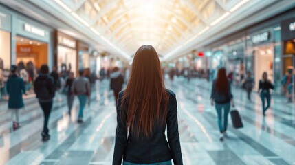 Business woman walking shopping mall - corporate lifestyle and retail marketing concept