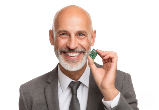 a smiling middle-aged businessman holding small microchips, isolated on a white background, png, transparent