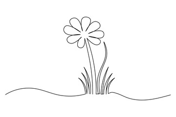 Minimalist one line drawing of a flower surrounded by grass on a white background, perfect for art and design projects