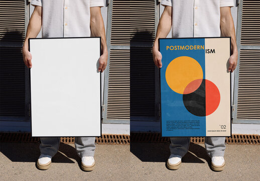 Mockup Of Man Holding Customizable Framed Poster, Low Section