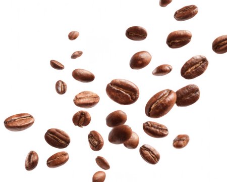 flying coffee beans isolated on a white background, png, transparent