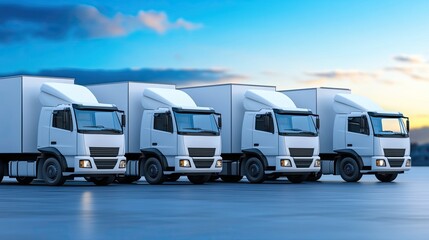 White delivery trucks are parked in a row on a paved lot, showcasing their clean design against a serene sunset backdrop