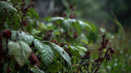 Obraz premium Sparrow in rain-soaked foliage (1)