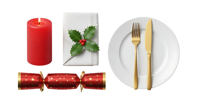 Festive Christmas Dinner Setting with Red Candle Gold Cutlery and Holly Adorned Gift Box Ready for Celebration